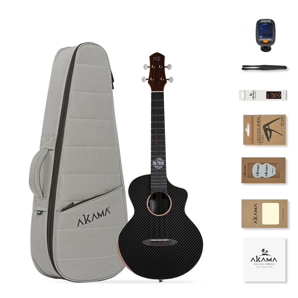 AKAMA Solid Wood Ukulele, Carbon Fiber Top with Solid Rosewood Back & Sides, Chinese-Inspired Yin Yang Design, Premium Acoustic Ukulele for Beginners & Adults, Gig Bag Included